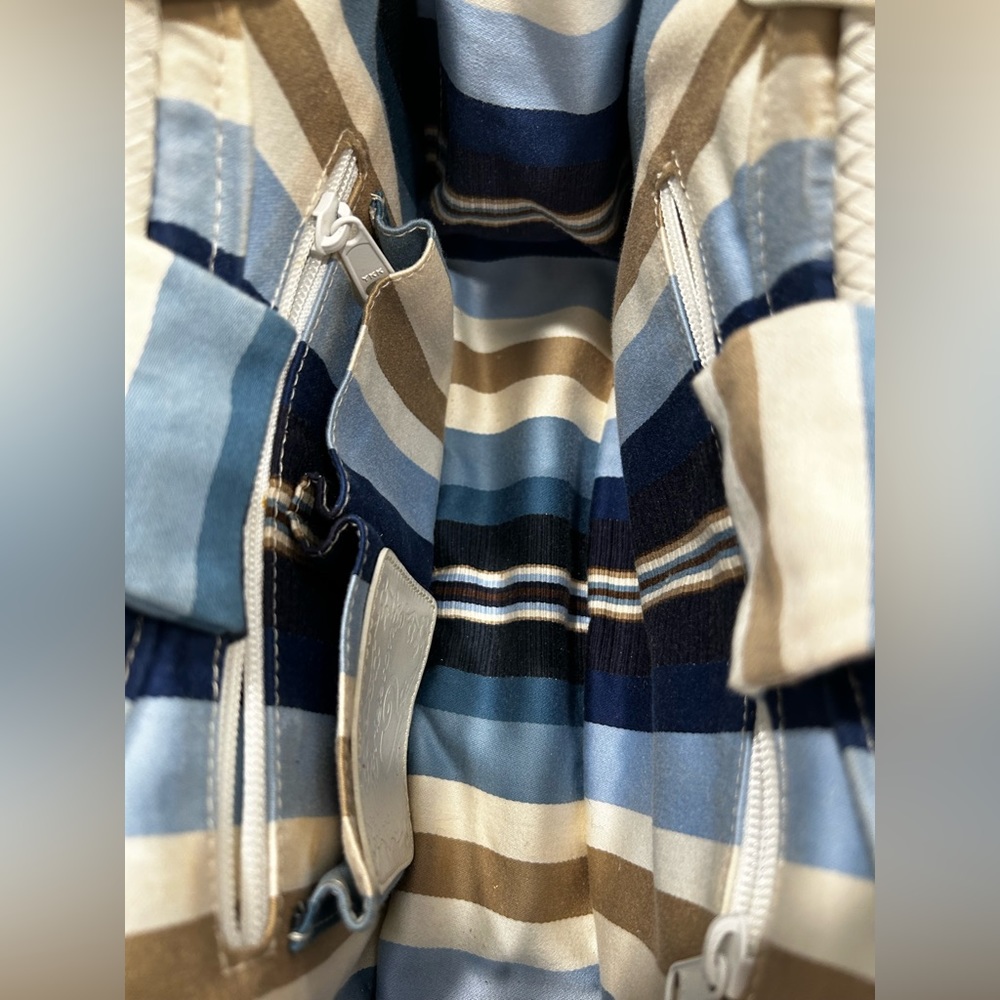 VINTAGE BRIGHTON COLLECTIBLES STRAW HANDBAG WHITE/NAVY BLUE STRIPE INTERIOR - Picture 6 of 14
